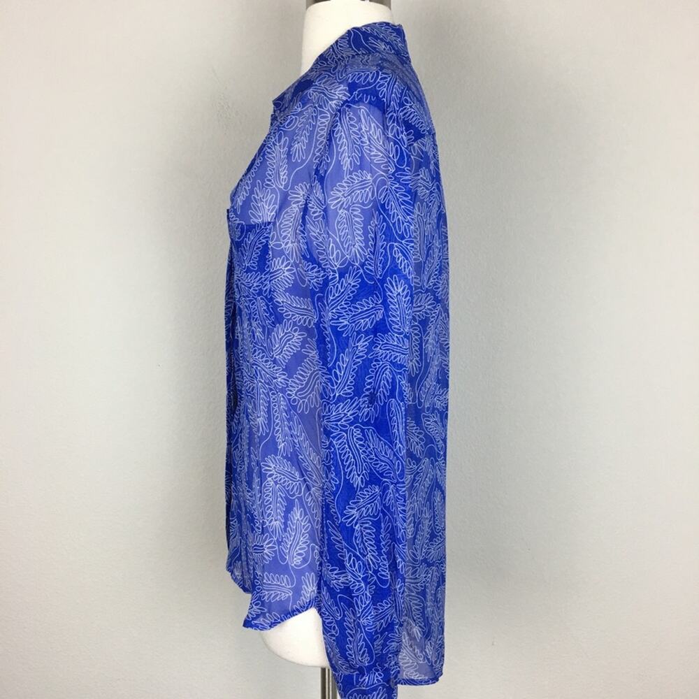 Diane Von Furstenberg Blue Leaf Print Silk Sheer Top 2 - Picture 4 of 10